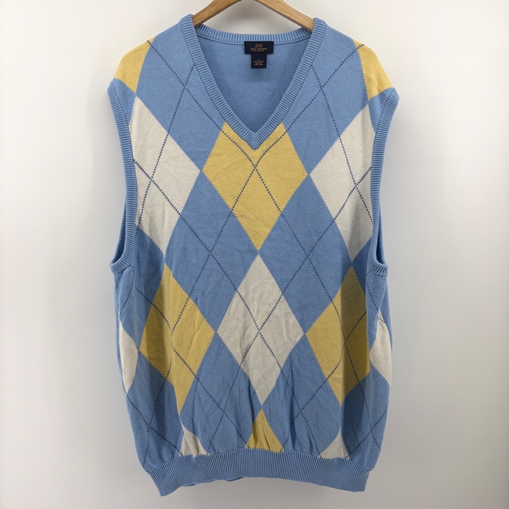 Brooks Brothers 346 Mens XL Blue Yellow Argyle V Neck Sweater Vest Cotton‎